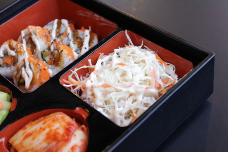 Japanese Bento Lunch .box of fast food with smoked eel.