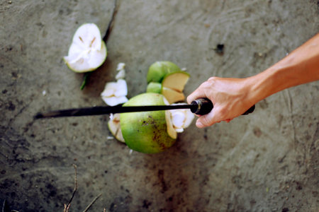 Topical coconuts. with hand chopping and eating .の写真素材