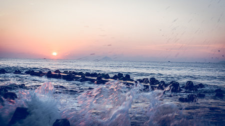 Nha Trang City (Vietnam) central beach and view at city against a sunrise.timelapseの写真素材