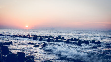 Nha Trang City (Vietnam) central beach and view at city against a sunrise.timelapseの写真素材