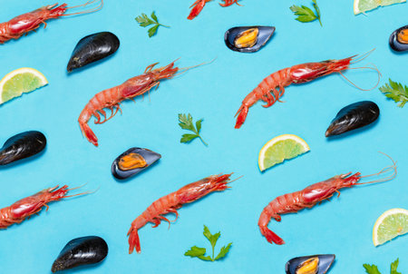 prawns mussels patterns tapas mediterranean vermouthの写真素材
