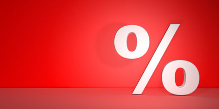 Percentage sign with volume on red background - percentage concept with space for copyの写真素材