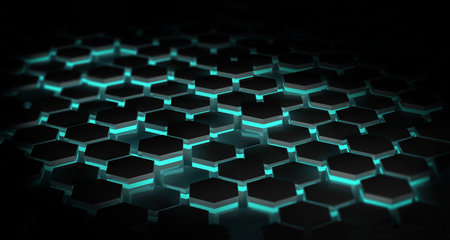 Abstract dark background with hexagons illuminated with blue lights. technology concept