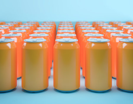 Patterns of orange soda cans on blue backgroundの写真素材