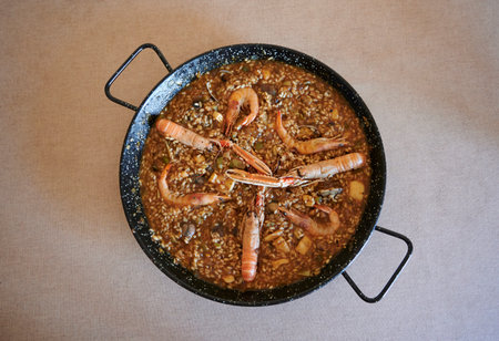 Seafood paella traditional Spanish food, high viewの写真素材