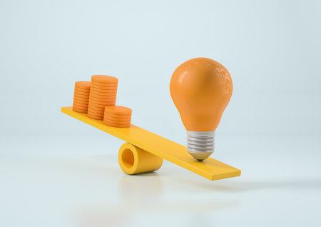 Light bulb and pile of money on a scale. High energy price concept