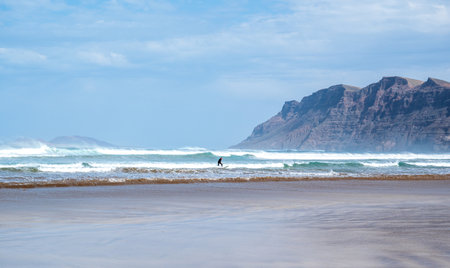 Famara beach surf spot landscape view, Lanzarote, Canary Islands, Spainの写真素材