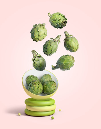 Flying fresh artichokes falling into a bowl on an abstract float podiumの写真素材