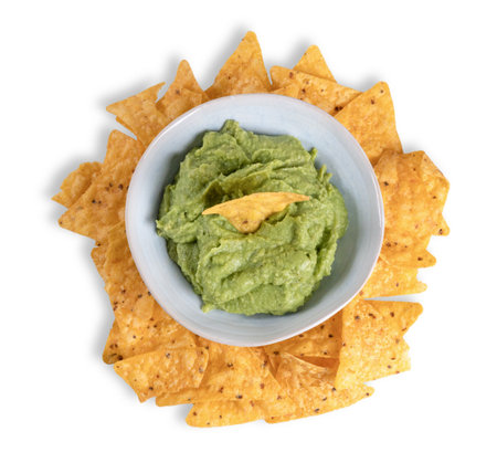 Bowl with guacamole and nachos isolated on the white backgroundの写真素材