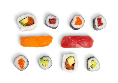 Set of sushi roll and nigiri isolated on white background, top viewの写真素材