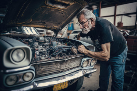 Car mechanic inside a workshop fixing a car, generative aiの写真素材