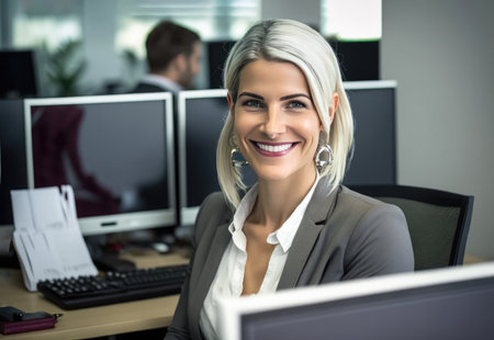 businesswoman sitting at her office desk at work smiling, generative aiの写真素材