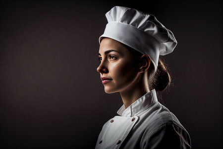 A female chef in a cap and white uniform on a dark background with copy spaceの写真素材