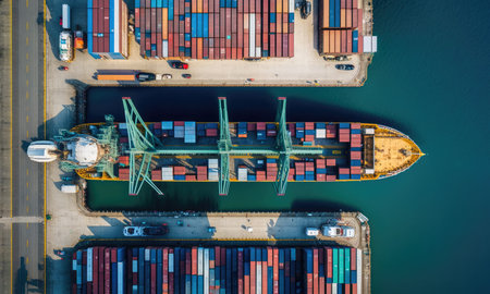 Aerial top view of sea cargo ship carrying containers in a port. Generative a.i.