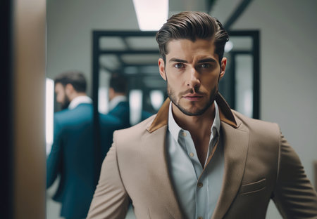 Handsome man adjusting his jacket while standing in the fitting room of a clothing storeの写真素材