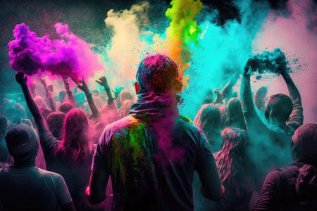 <p>People at a Holi festival throw colorful Holi powders</p>の写真素材
