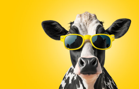 cow in sunglasses on a yellow backgroundの写真素材