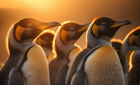Penguins in the sun at the golden hourの素材