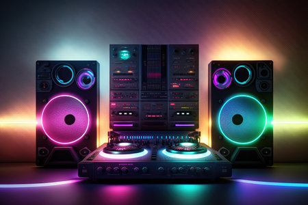 DJ set with mixer lit from behind with neon lightsの素材