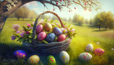 Basket full of colorful easter eggs in the field on a sunny day. Generative AI