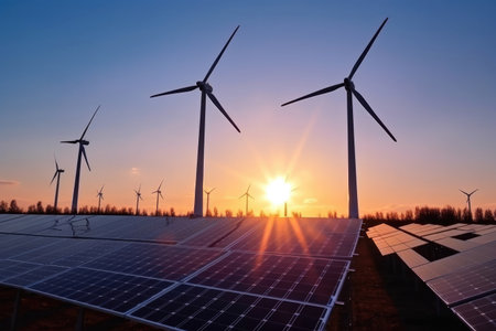 Solar power plant with wind turbines at sunset under a blue sky. Generative AI