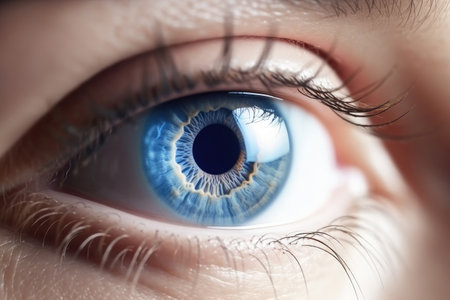 Close up of a beautiful human blue eye. Generative AI