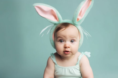 Cute baby portrait with spring easter bunny ears. Generative AIの素材