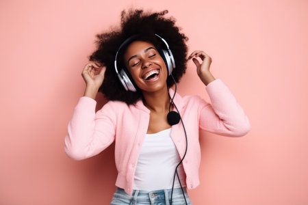 Beautiful black woman with afro hair and headphones laughing and listening to music looking at the camera on pink background, Generative AIの素材