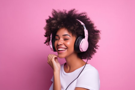 Beautiful black woman with afro hair and headphones laughing and listening to music looking at the camera on pink background, Generative AIの素材