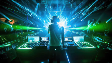 DJ at a party nightclub including lights and dance music players. Generative AIの素材