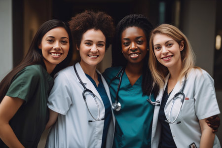 Portrait of happy multiracial female doctors and nurses looking at camera. Generative AIの写真素材