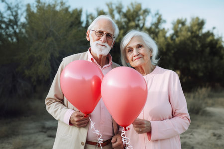 Happy retired married couple in love and in matching pastel colored outfit, holding some balloons. Generative AIの写真素材