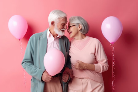 Happy retired married couple in love and in matching pastel colored outfit, holding some balloons. Generative AIの写真素材