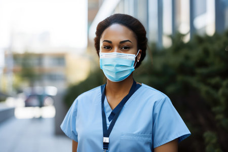 Portrait of a young black female doctor wearing a face mask outside a hospital. Generative AI