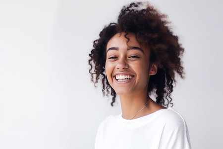 Woman smiling in a white sweater on a white background. Generative AIの素材