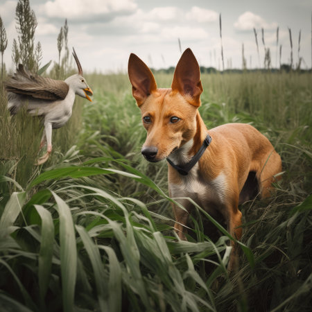 dog in a field on a background of grass and seagullsの素材