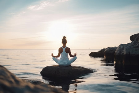 Young woman practicing yoga by the sea. Generative AIの素材