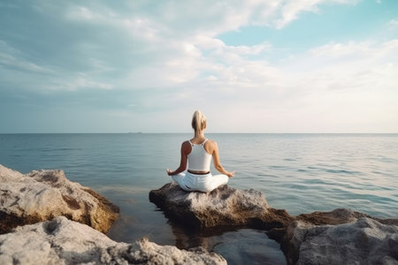 Young woman practicing yoga by the sea. Generative AIの素材