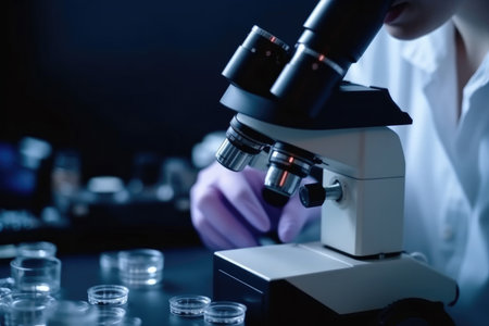 Microscope analyzing samples in a laboratoryの素材