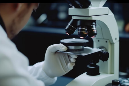 Microscope analyzing samples in a laboratoryの素材