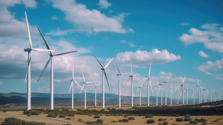 Row of wind turbines in the field. Green energy, green electricityの素材