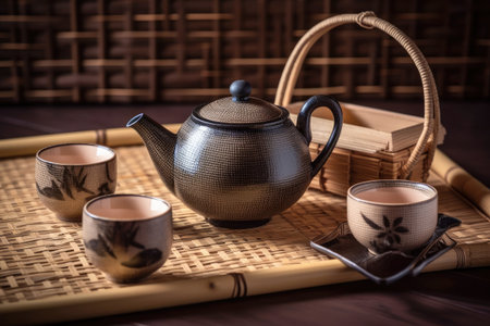 Asian tea set. Japanese teapot and cups on a bamboo trayの素材