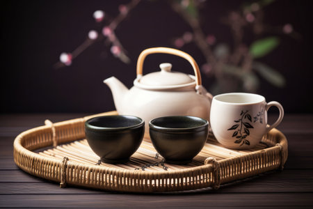 Asian tea set. Japanese teapot and cups on a bamboo trayの素材