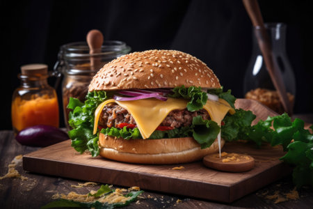 Handmade burger with meat, cheese, salad and bun on wooden boardの素材