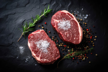 Raw steak on a blackboard, top viewの素材
