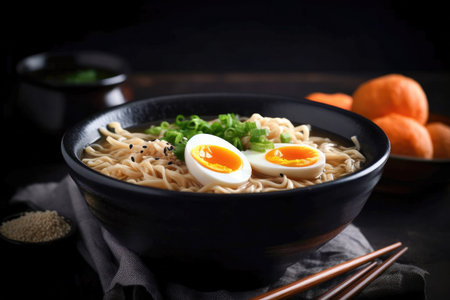 Japanese ramen noodle soup in black bowlの素材