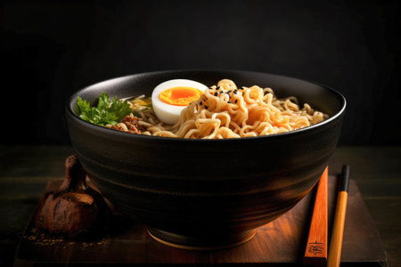 Japanese ramen noodle soup in black bowlの素材
