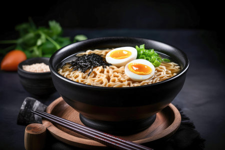 Japanese ramen noodle soup in black bowlの素材
