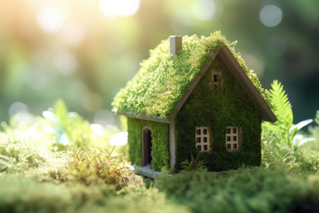 Miniature wooden house in spring grass, moss and ferns on a sunny dayの素材