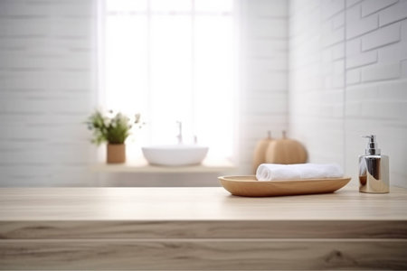 White bathroom interior. Empty wooden table for product displayの素材